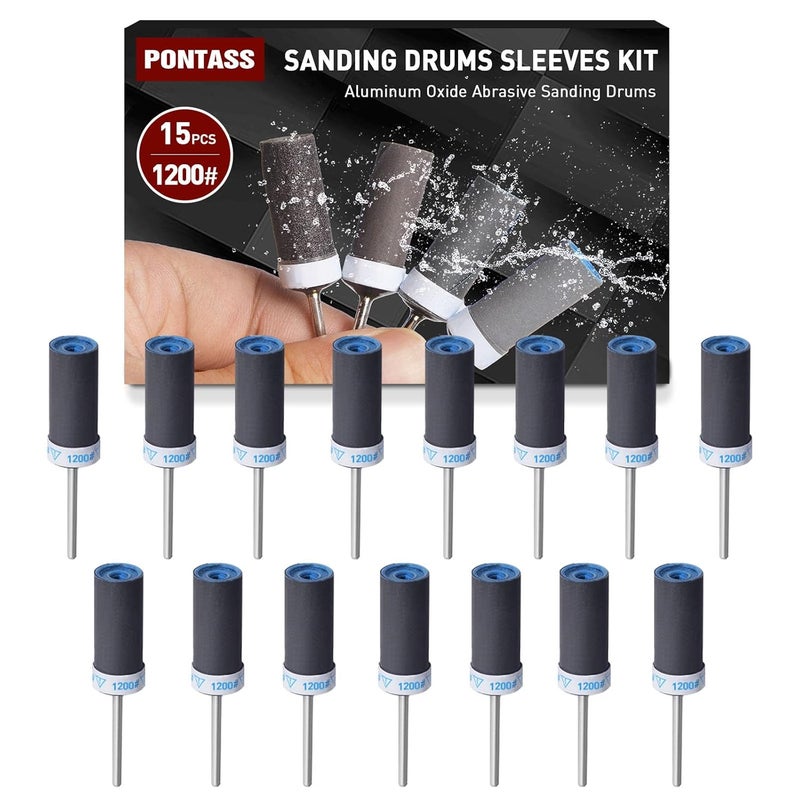 PONTASS 15Pcs 1200 Grit Sanding Drums Sandpaper Sticks Set with 1/8"(3mm) Shank for Dremel Rotary Tool, Suitable for Metal Rust Removal/Jade Polishing/Stone Grinding - Image 1
